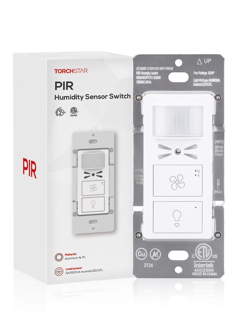 TORCHSTAR Humidity Sensor Switch with PIR Motion Detection, Adjustable Timing, Moisture Control, Automatic Fan & Light Control for Bathrooms Basements, Single Pole, 1/2 HP, White, ETL Certified - Image 1